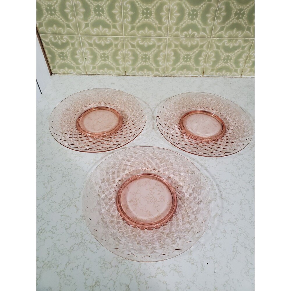 Vintage Imperial Glass Diamond Pink Glass Lunch Plates 8” Set of 3